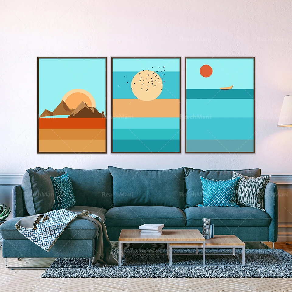 

Scandinavian Landscape, Minimalist Sunrise, Sunset Mountain, Sailing Boat Print, Modern Sea Sun Mountain, Geometric Scenery Art