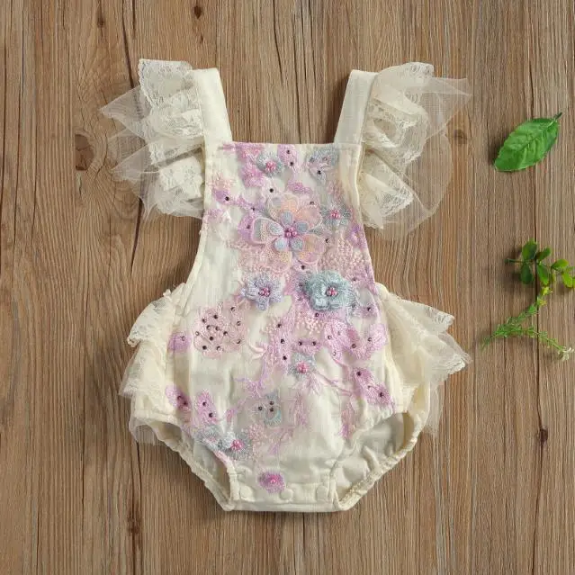 Bebê recém-nascido Meninas Crochet Lace Romper, Criança Voar Manga, Colarinho Quadrado, Tie-Up Playsuit, Macacão Bordado Floral, 0-24M, Verão