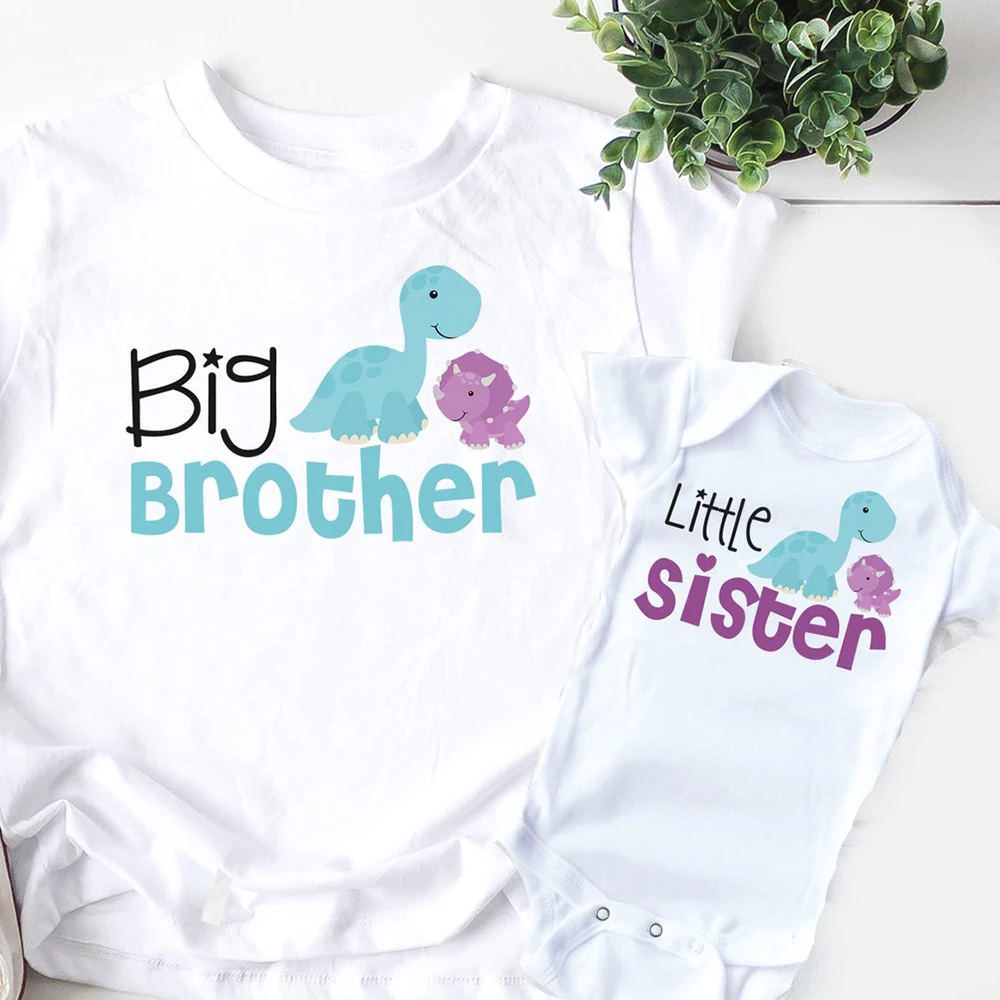 Big Brother Little Sister Shirts Family Look Big Brother Little Sister T-Shirts Brothers Sisters Dinosaur Cute Tshirts Drop Ship