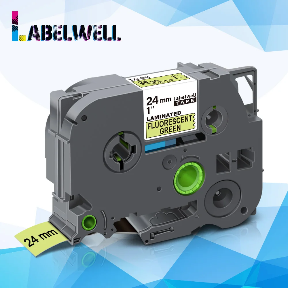 Labelwell 24mm* 5m Compatible for D51 Fluorescent Laminated label tape Black on Flu.Green for label printer