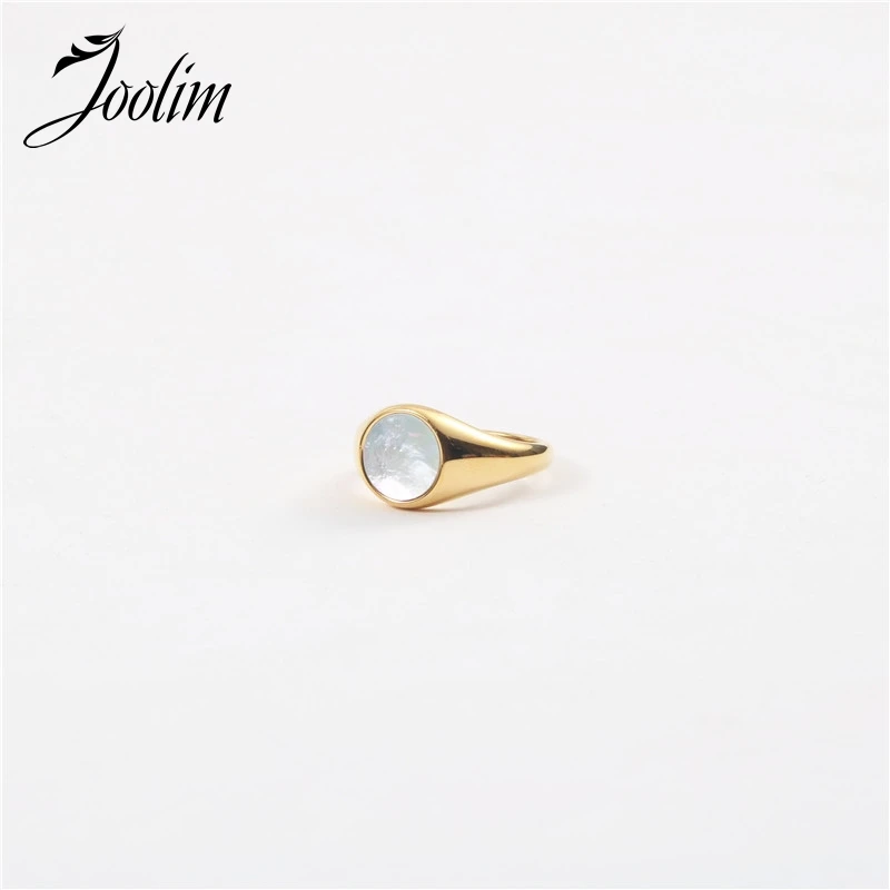 Joolim Jewelry High End PVD Waterproof Retro Smooth Simple Round White Fritillary Shell Stainless Steel Finger Ring for Women