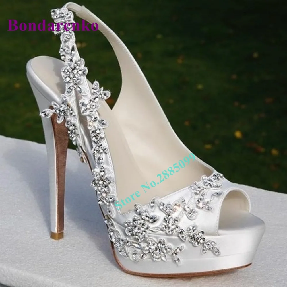 White Satin Slingback Pumps Women Wedding Shoe Bridal Heels Rhinestone Peep Toe Platform Solid Pump Spring Party Dress Pump Shoe