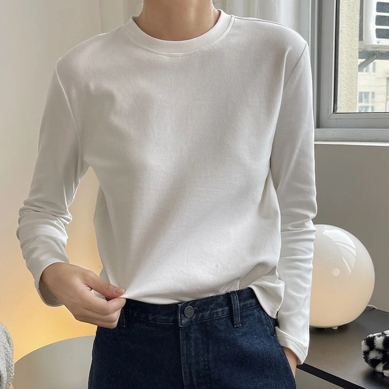 Women's casual solid color round neck long-sleeved T-shirt top