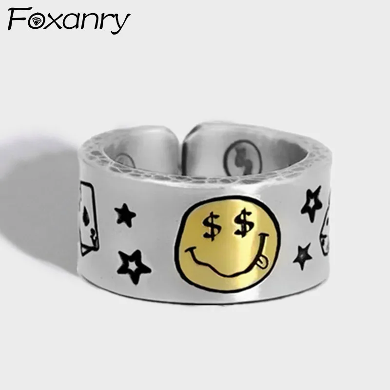 

Foxanry Silver Color Wide Rings for Women New Trend Couples Vintage Smile Smile Party Jewelry Birthday Gifts Wholesale