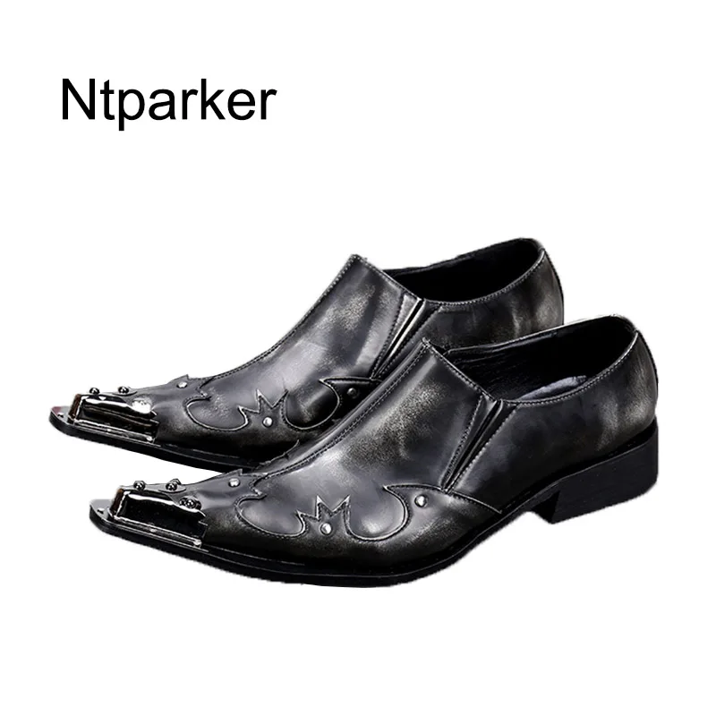 

ntparker Western Style Men Shoes Genuine Leather Business Party Shoes for Men Iron Pointed Toe Black Grey Men Wedding Shoes!