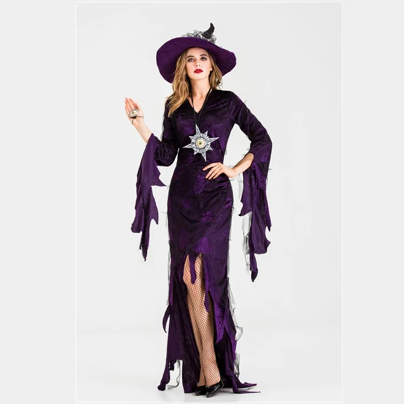 

Halloween Masquerade Party Demon Witch Purple Irregular Long Dress Day of the Dead Horror Vampire Zombie Cosplay Costume