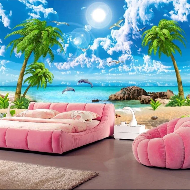 wellyu Customized large wall painter HD beautiful dreamy seascape coconut tree beach landscape TV background wall