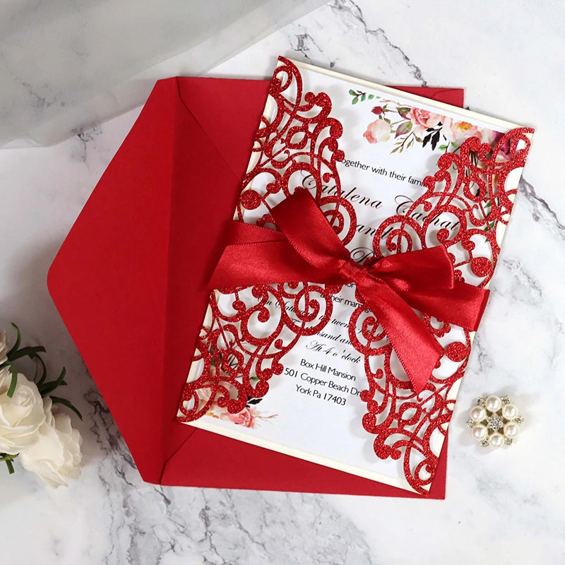 50pcs Laser Cut Wedding Invitation Card Glitter Paper Greeting Cards With Ribbon Customized Party Wedding Decoration