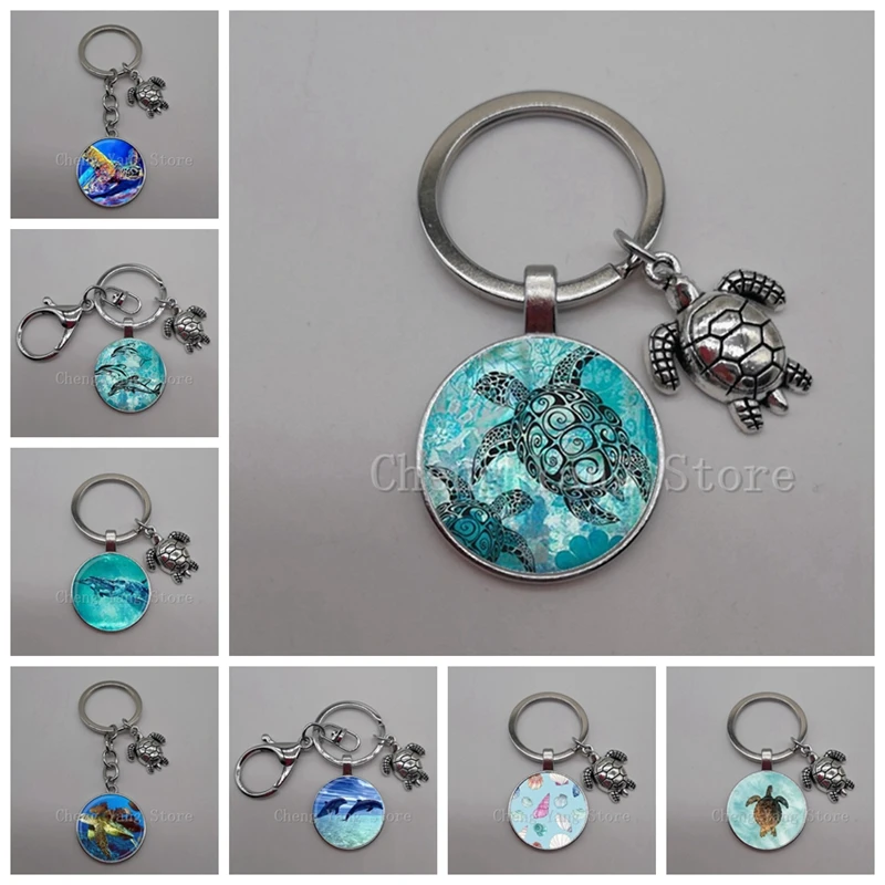 Marine leben schmuck schildkröte dolphin shell keychain schlüssel ring glas konvexen runde keychain charme schildkröte anhänger Weihnachten geschenk