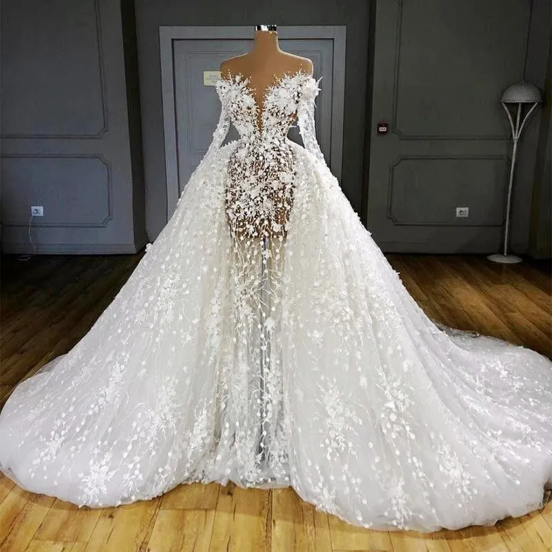 Robe de mariée à effet d'illusion de luxe, à manches longues, avec des Appliques de perles transparentes, à col transparent