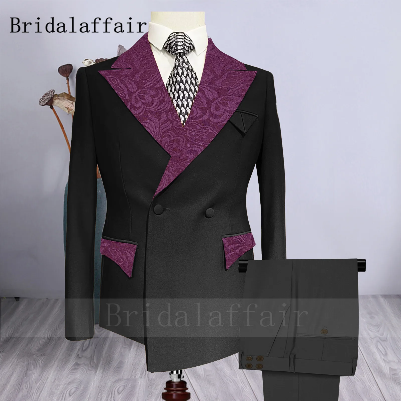 

Bridalaffair Men's Black Suits with Burgendy Lapel Party Wedding Tuxedo Costume for Men 2 piece Blazer Pants Set Formal Dress