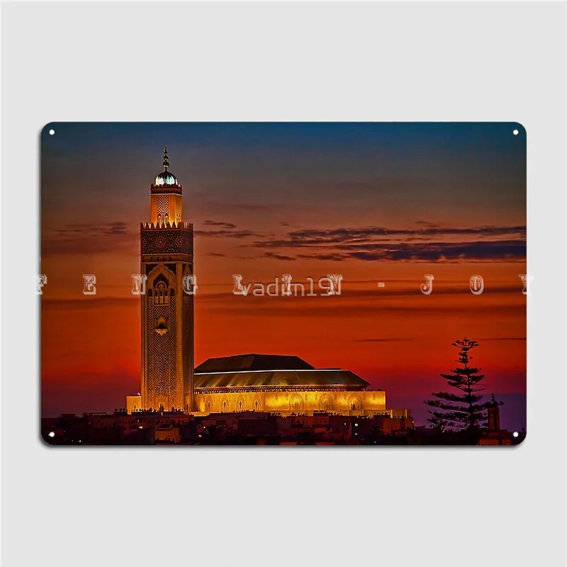 Morocco Casablanca Hassan Ii Mosque Sunset Metal Plaque Poster Plates Club Mural Vintage Tin Sign Poster