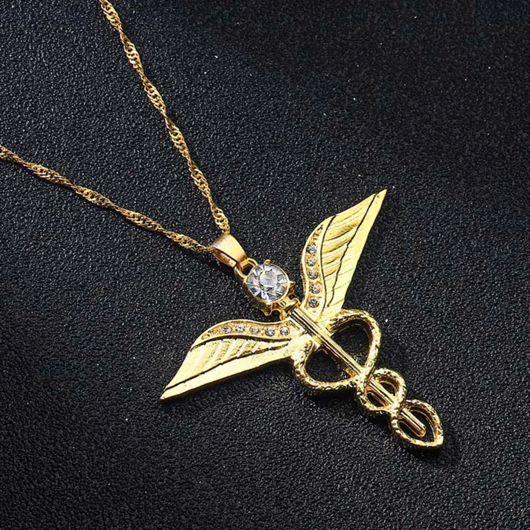 Angel\'s Wings Necklace Women Moissanite Snake Ouroboros Magic Wand Caduceus Emergency Medical Medical Doctor Nurse Jewelry