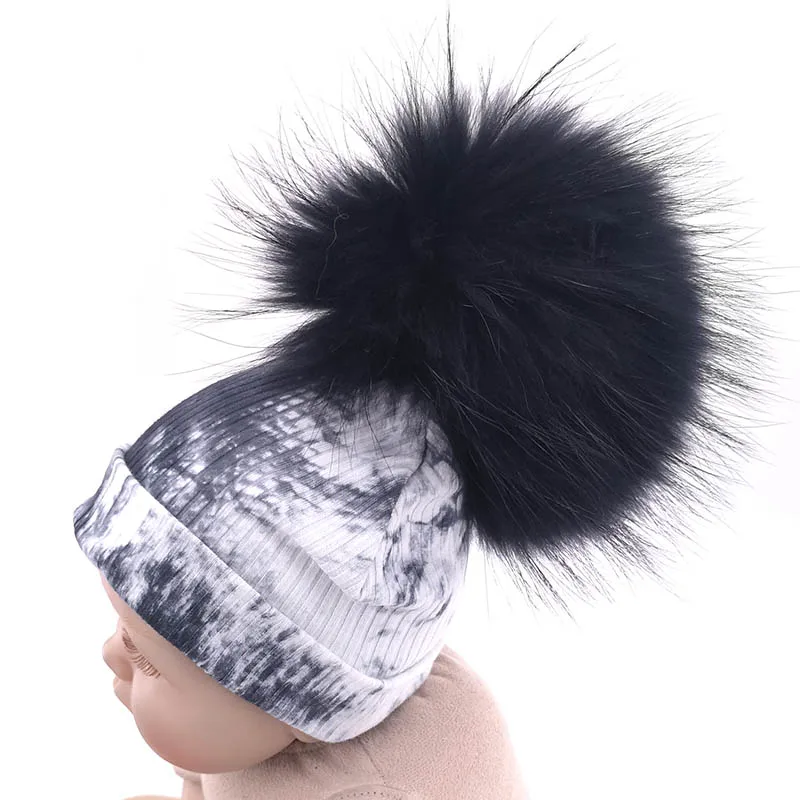 GZhilovingL Winter black tie dye Beanies hats With Real Fur Pompom For Baby Girls Toddler Kids Soft Fur Ball Cotton Ribbed Hats