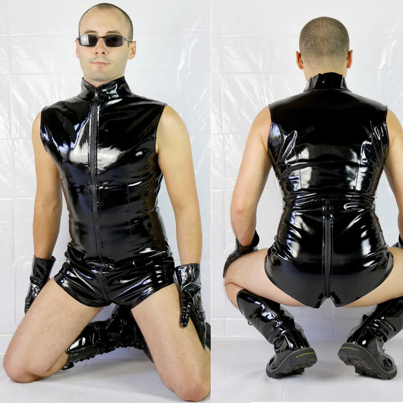 

Sexy Men Wetlook Faux Leather Short Jumpsuit Front Zipper Open Crotch Bodysuit Punk PVC Catsuit Erotic Sexy Gay Club Costumes