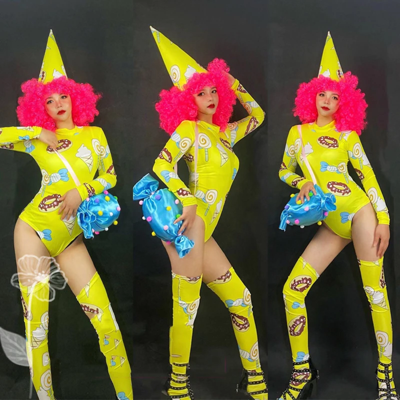 Female Gogo Dancer Stage Costumes Yellow Jumpsuit Ice Cream Candy Suit For Children'S Day Cheerleader Performance Suit DWY5836