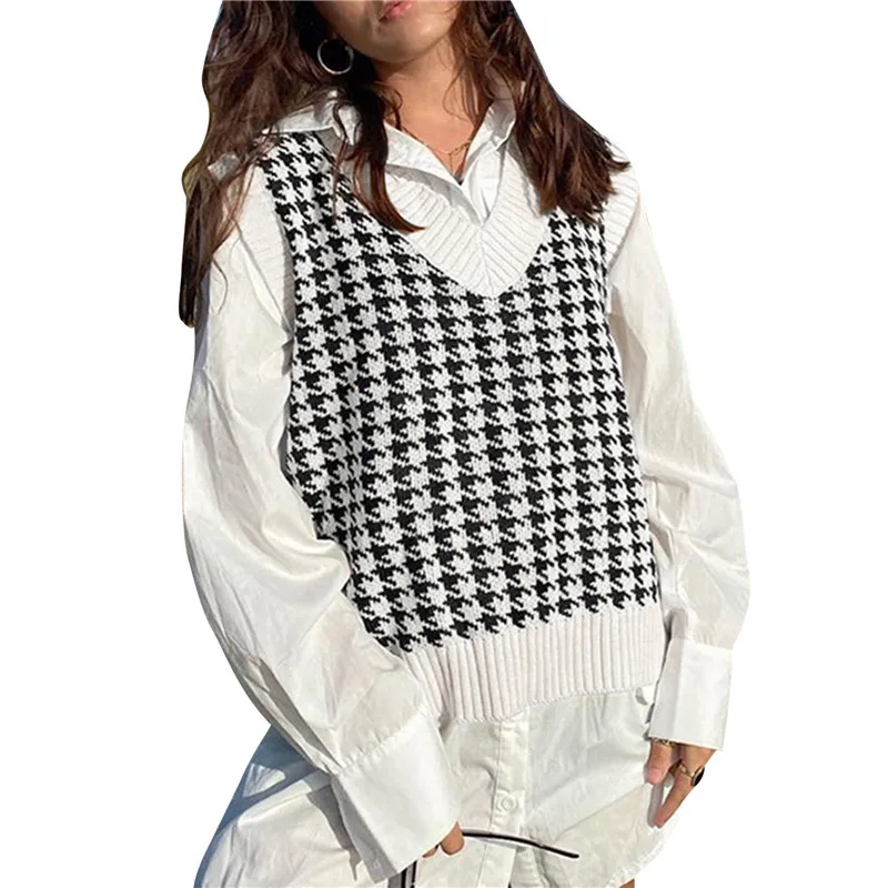 2021 Tops Girl Sweater Vest Women Jumper V Neck Pullover Knitted Vests Y2k Preppy Style Houndstooth Crop Top Autumn Outfits