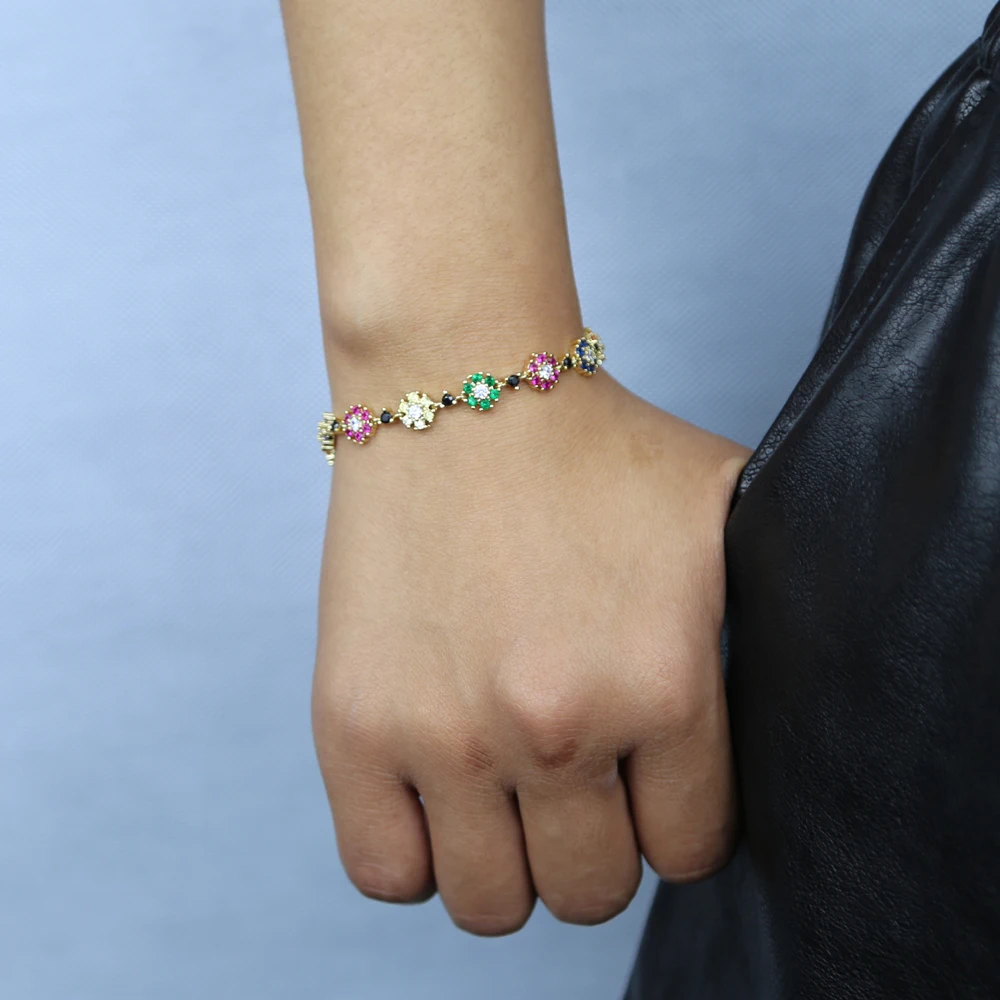 Gold Color Red Green Blue CZ Paved Flower Charm Bracelets Tennis Chain Rainbow Zircon Stone Bangle Fashion Women Jewelry