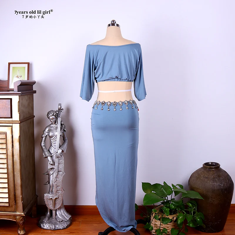 Novo feminino sexy modal rayon algodão mangas curtas + saia 2 pçs terno de prática de dança do ventre para conjunto superior gkk04
