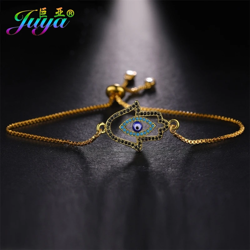 Juya Handmade Copper Adjustable Chains Micro Pave Zircon Enamel Greek Evil Eye Of Fatima Hamsa Hand Bracelets For Women Men