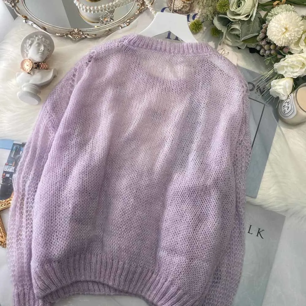 Beaded Flower Knitted Sweater for Female 2022 Autumn New Loose Outer Wear Sweaters Blue Purple Pullover Jumper Lady Casual Top