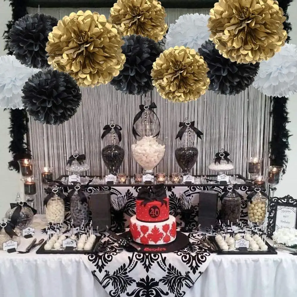 Pompones de tejido hechos a mano, flores Vintage para boda, Baby shower, fiestas y eventos, decoración de bolas de papel, oro y negro