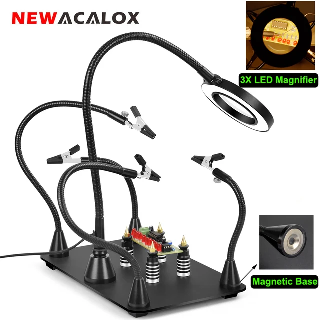NEWACALOX pomaga w trzeciej ręce stacja lutownicza do uchwytu PCB 4 elastyczne ramiona magnetyczne z 3X lupa z lampą LED narzędzie spawalnicze