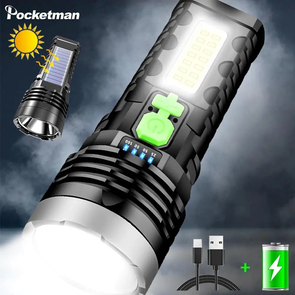 

Solar LED Flashlight USB Charging Multifunctional Flashlight Waterproof Torch Built-in Battery Hand Light Camping Light