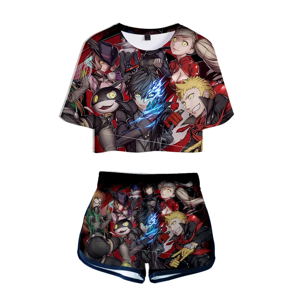 Conjunto de 2 piezas con estampado 3D DE LA Persona 5 para mujer, Conjunto femenino de Top corto y pantalones cortos, traje de Cosplay