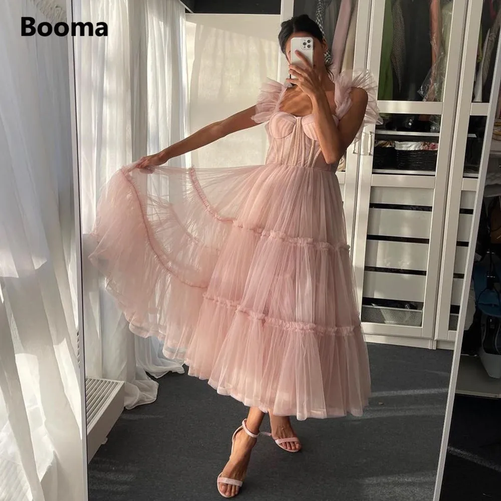 Booma Einfache Rosa Prom Kleider Spaghetti-trägern Tiered Tüll Prom Kleider Exposed Boning A-linie Tee-Länge Hochzeit Party Kleider