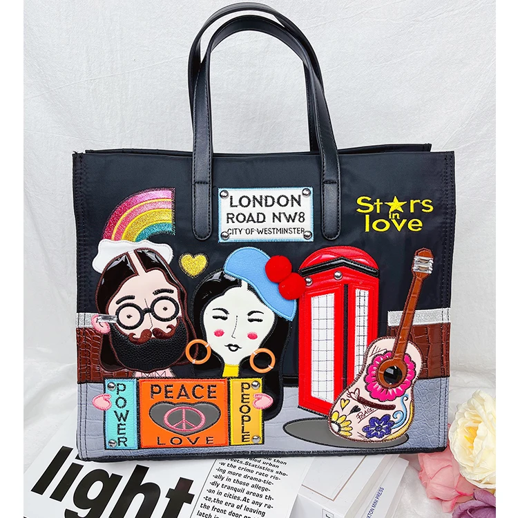 Cartoon Pattern Embroidery Nylon Shoulder Bag for Women Fashion Female Purses and Handbags Shopping Bags Ladies Designer Totes