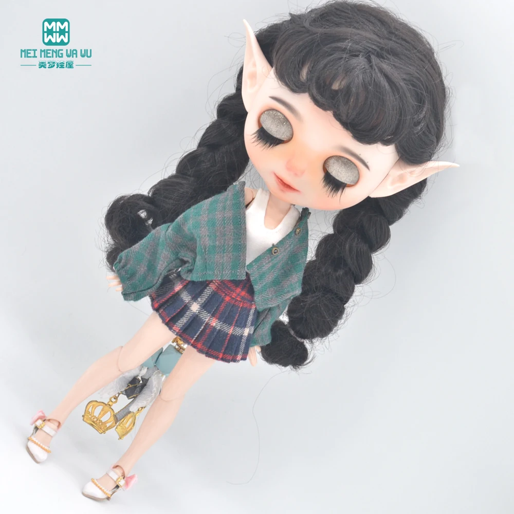 Clothes for Doll Fits Blyth Azone OB22 OB24 Doll Fashion Woolen Jacket Plaid Top Blue, Green, Black, Gray