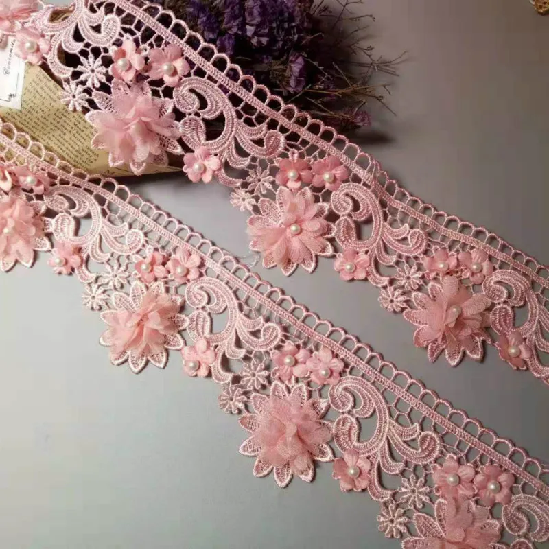 

2 yard Pink 9cm Pearl Beaded 3D Flower Embroidered Lace Trim Ribbon DIY fabric wedding Garment sewing craft Accessories New