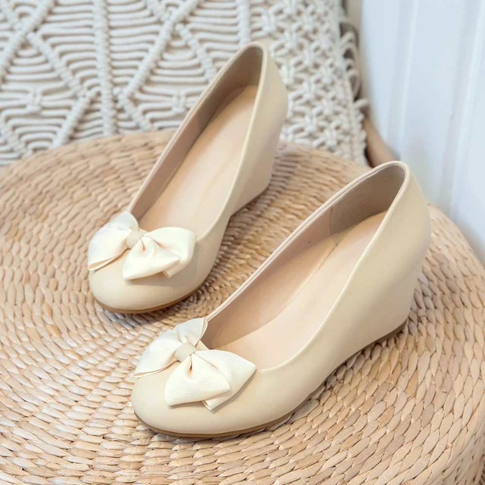 Women Ballet Bow High Heels Wedge Shoes Casual Female Shoes Elegant Ladies Work Boat Shoes Footwear Pink White Beige Size 33-43