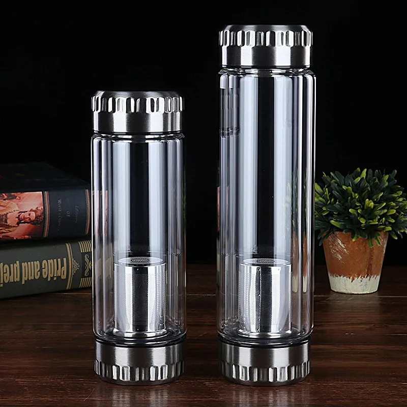 High quality Business Type Double Wall Glass Water Tumbler Glass Bottle with Stainless Steel Tea Infuser Filter Water Bottle