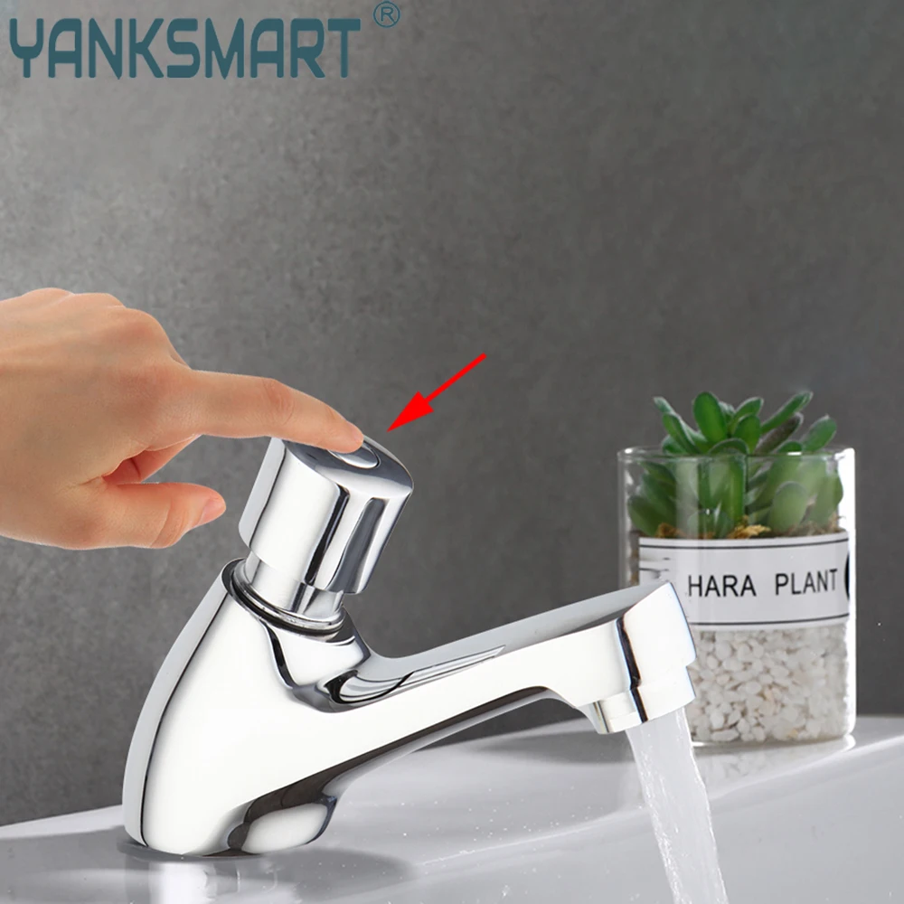 

YANKSMART Luxury Chrome Polished Time Delay Faucet Washbasin Deck Mount Touch Press Auto Self Closing Only Cold Saving Water Tap