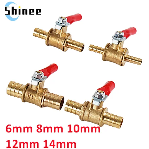 빨간색 핸들 소형 밸브 6mm 8mm 10mm 12mm 14mm 호스 바브 인라인 황동 물 오일 공기 가스 연료 라인 볼 밸브 파이프 피팅