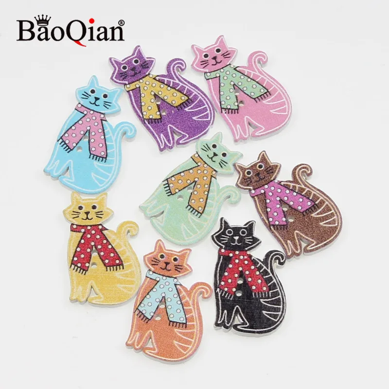 50Pcs Mixed Cat Wood Sewing Buttons For Kids Clothes Scrapbooking Decorative Crafts Botones Needlework DIY Accessories 20x30mm