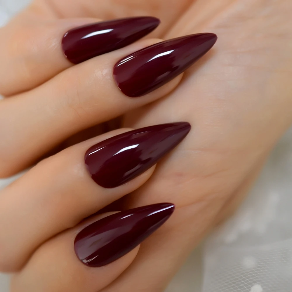 24pcs Burgundy Point Stiletto False Nail Tips Acrylic Salon Full Cover Press On Fake Nails With Jelly Glue Sticker