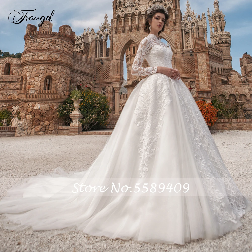 Traugel alta pescoço uma linha de renda vestidos de casamento applique manga longa pérolas botão vestido de noiva capela trem vestido de noiva mais tamanho