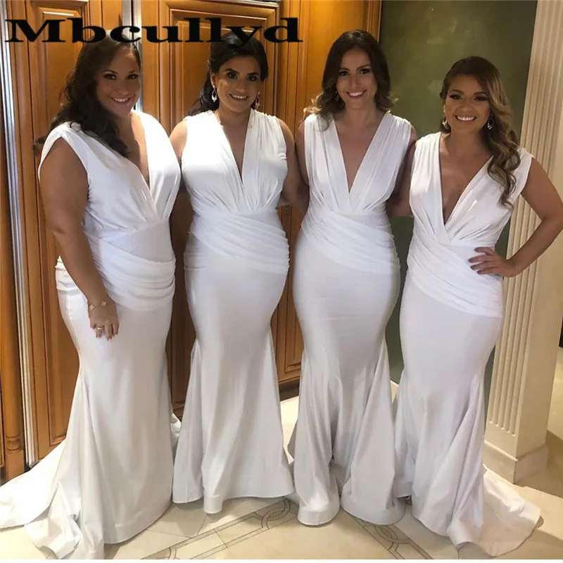 

Elegant Deep V-neck Mermaid Bridesmaid Dresses Long Elegant Ruffled African Maid Of Honor Gown 2023 White Wedding Guest Dress