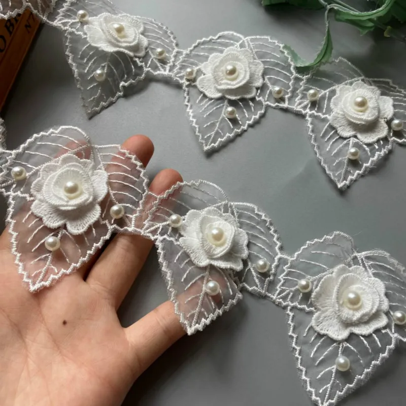 

1 Yard 7*8cm White Heart leaf Pearl Embroidered Lace Trim Ribbon Fabric Sewing Craft Patchwork Handmade For Costume Decoration