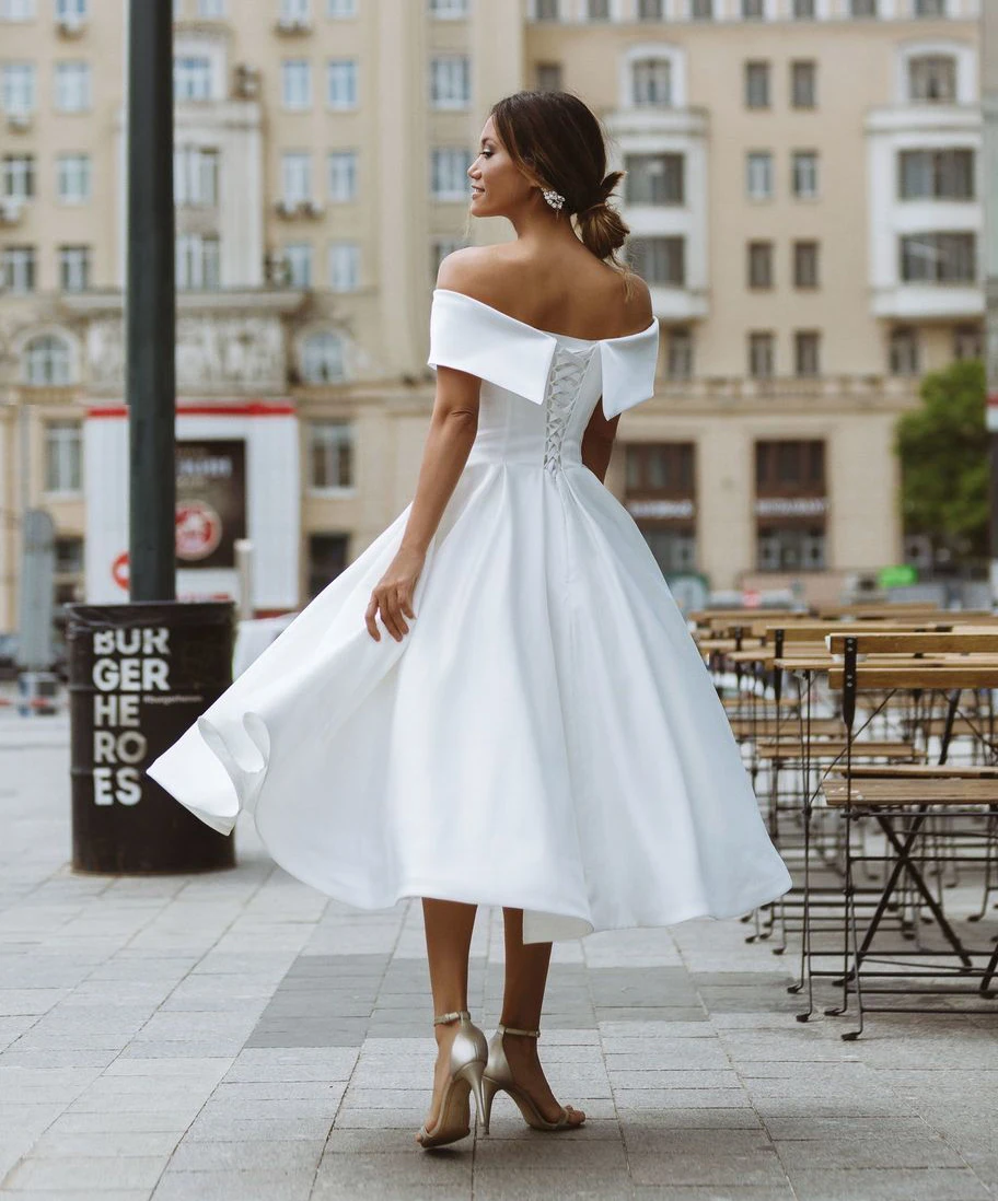 Ruched Off Shoulder Satin Wedding Dress Tea Length Simple Lace Up Cheap Dance Criss Cross Ivory Party Bridesmaid Bridal Gown