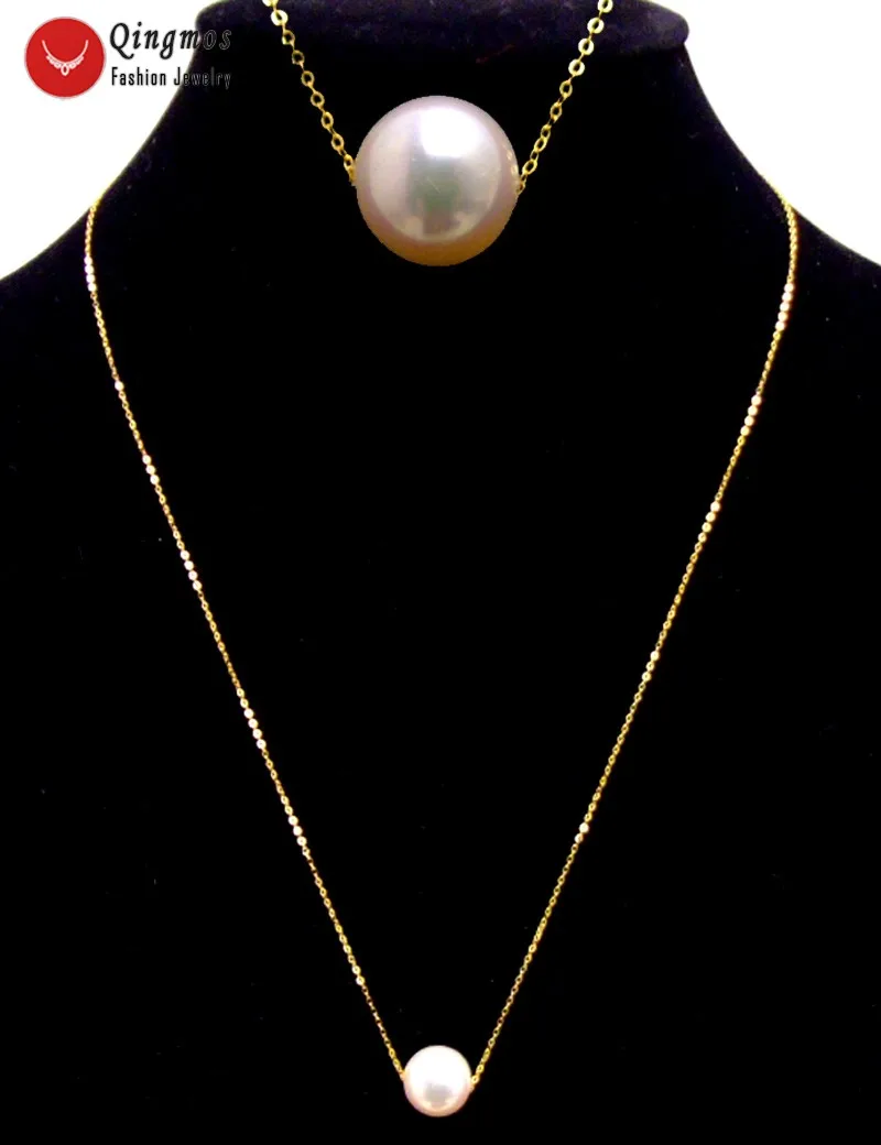 

Qingmos Geniue Gold Chain Floating AAA 9-10mm Round Natural Freshwater White Pearl Pendant Necklace for Women 16" Chokers n6164