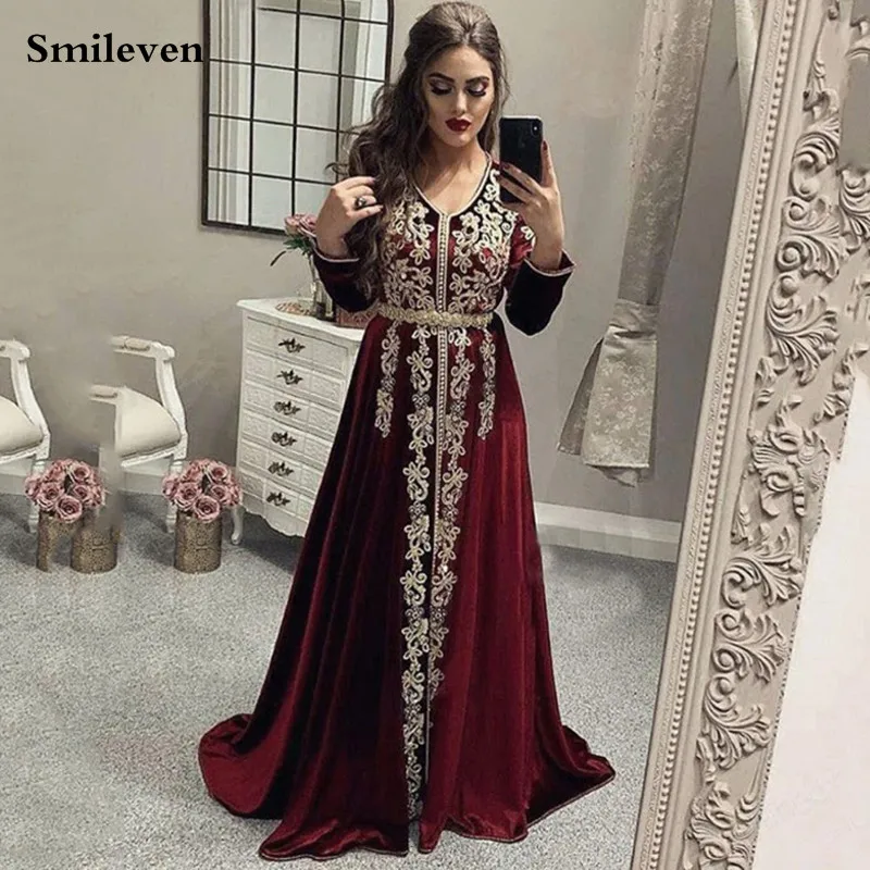 Smileven Lace Burgundy Moroccan caftan Evening Dresses V Neck Crystal Algeria Arabic Muslim Dresses Party Gowns Customized