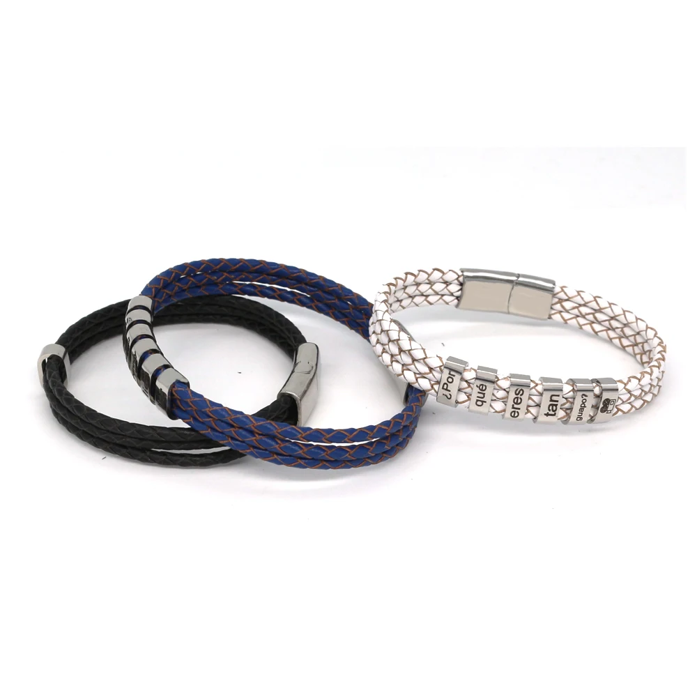 Echtes Leder Seil Geflochtene Armband für Frauen Edelstahl Personifizierte Gravieren Name Männer Schmuck Familie Liebhaber Geschenke