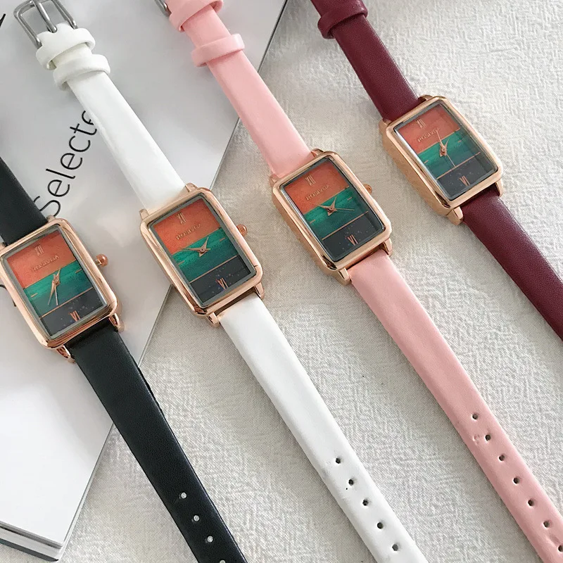 Color Block Women Vogue Luxury Watches Rectangle Qualities Ladies Quartz Wristwatches Casual Roma Number Female Leather Watch