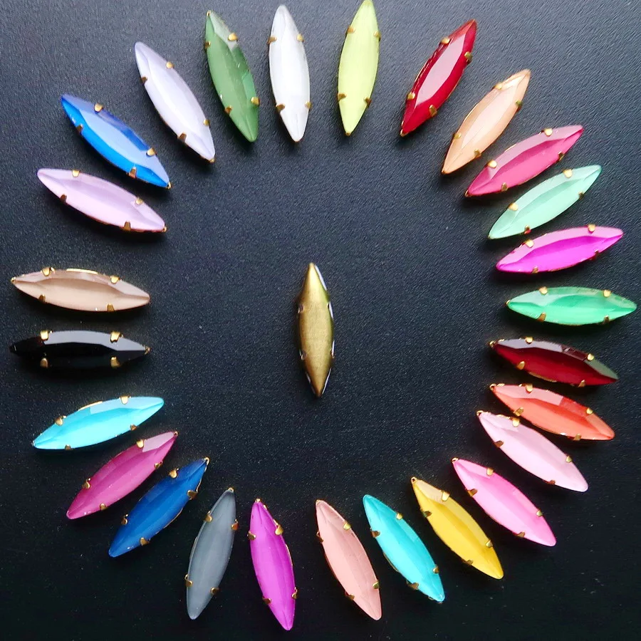 Schlanke Navette-förmige Goldklauenfassungen, 50 Stück/Packung, Regenbogen- und Jelly-Candy-AB-Glaskristalle, 4*15 mm, zum Aufnähen, Strass-Applikation, DIY – Detail 5