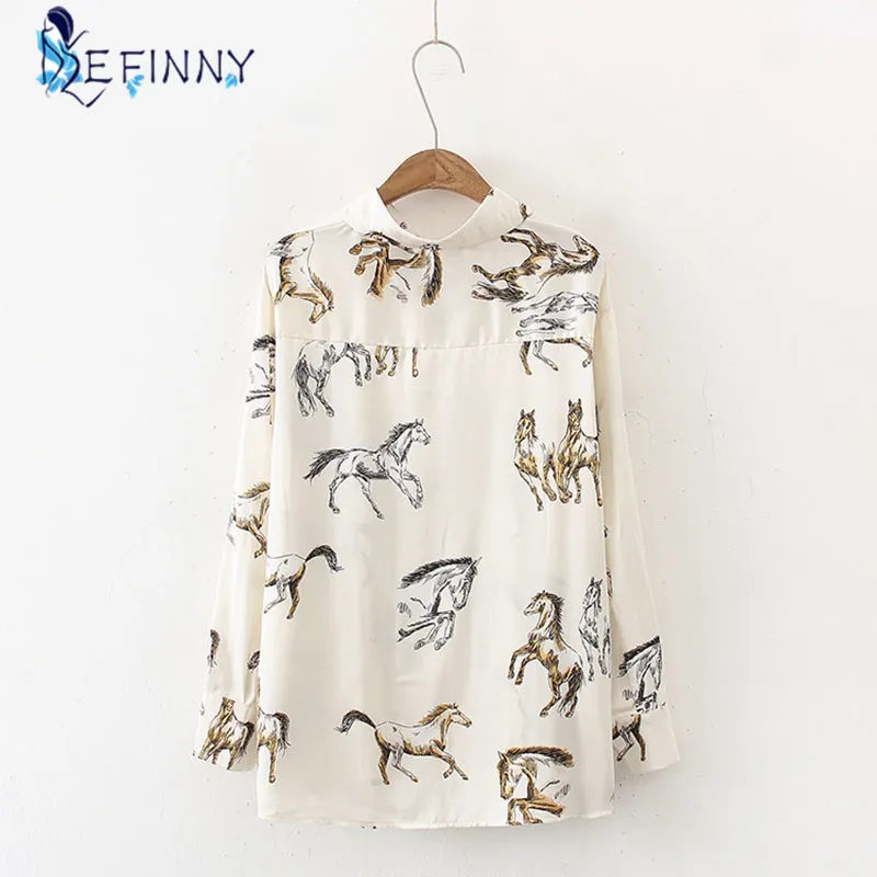 Women Horse Print Turndown Collar Satin Blouse Female Long Sleeve Shirt Casual Lady Loose Tops Blusas