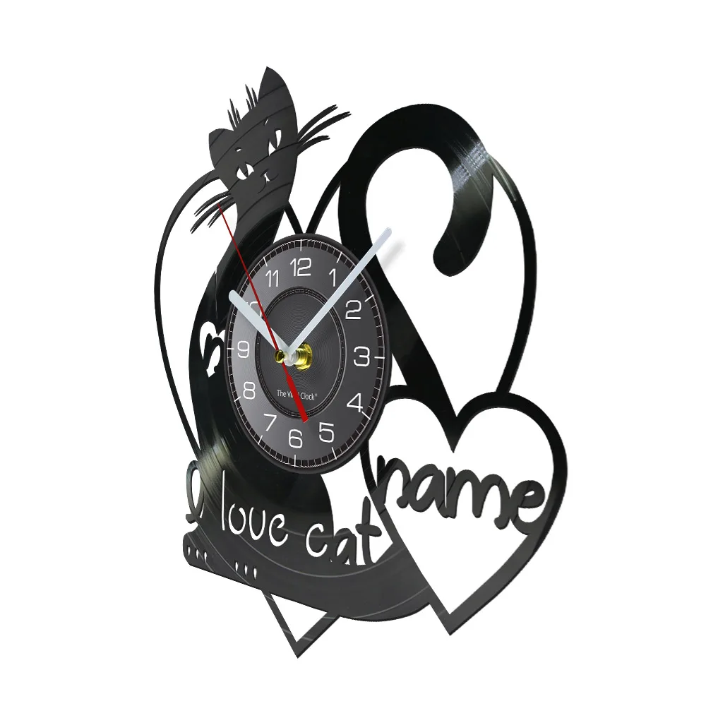 I Love Cat Custom Name Vinyl Record Wall Clock Pet Lovely Kitty Home Decor Meow Kitten Album Personalized Laser Cut Out Watch